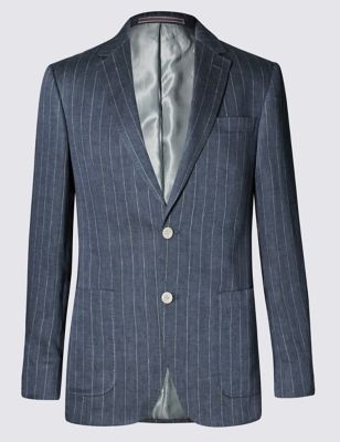 Navy Pure Linen Striped Tailored Fit Jacket